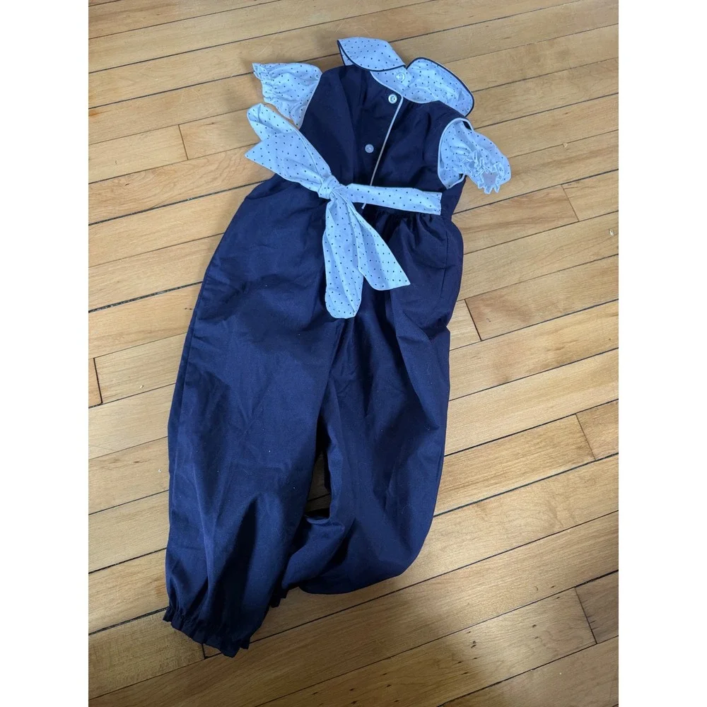 The Beaufort Bonnet Company overall outfit toddler Navy blue polka dot‎ tie bow